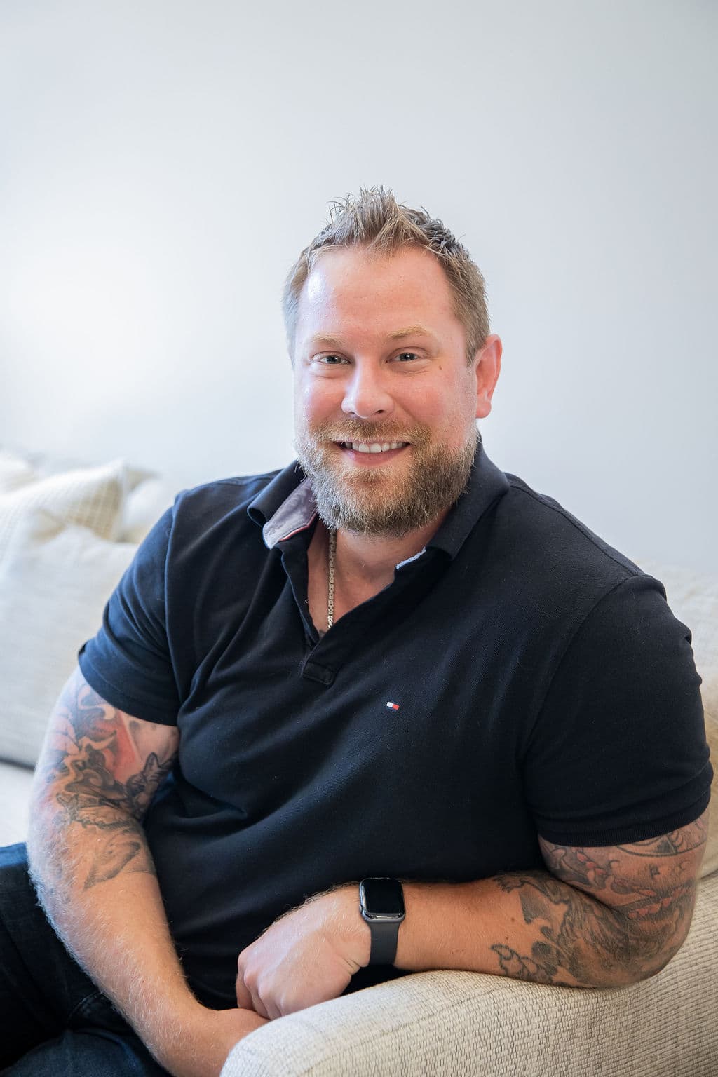 Stephen Schacher at home with a client