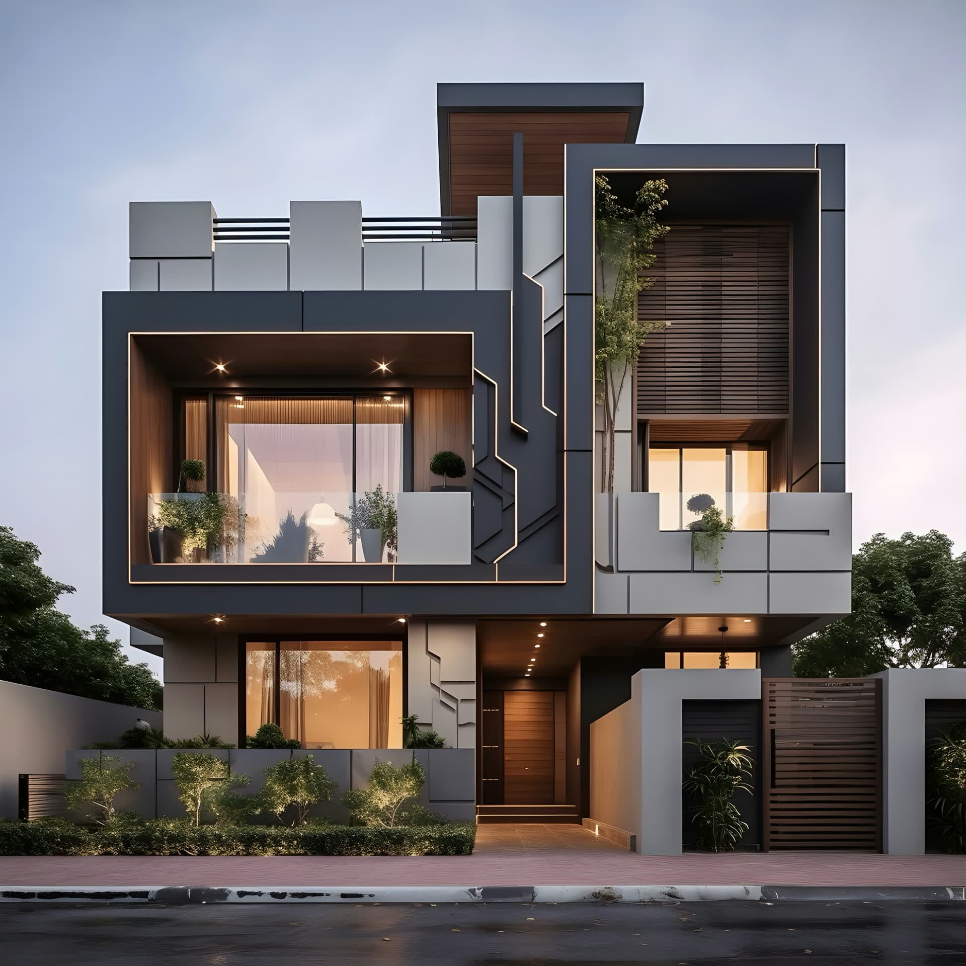Modern two-storey home exterior at dusk