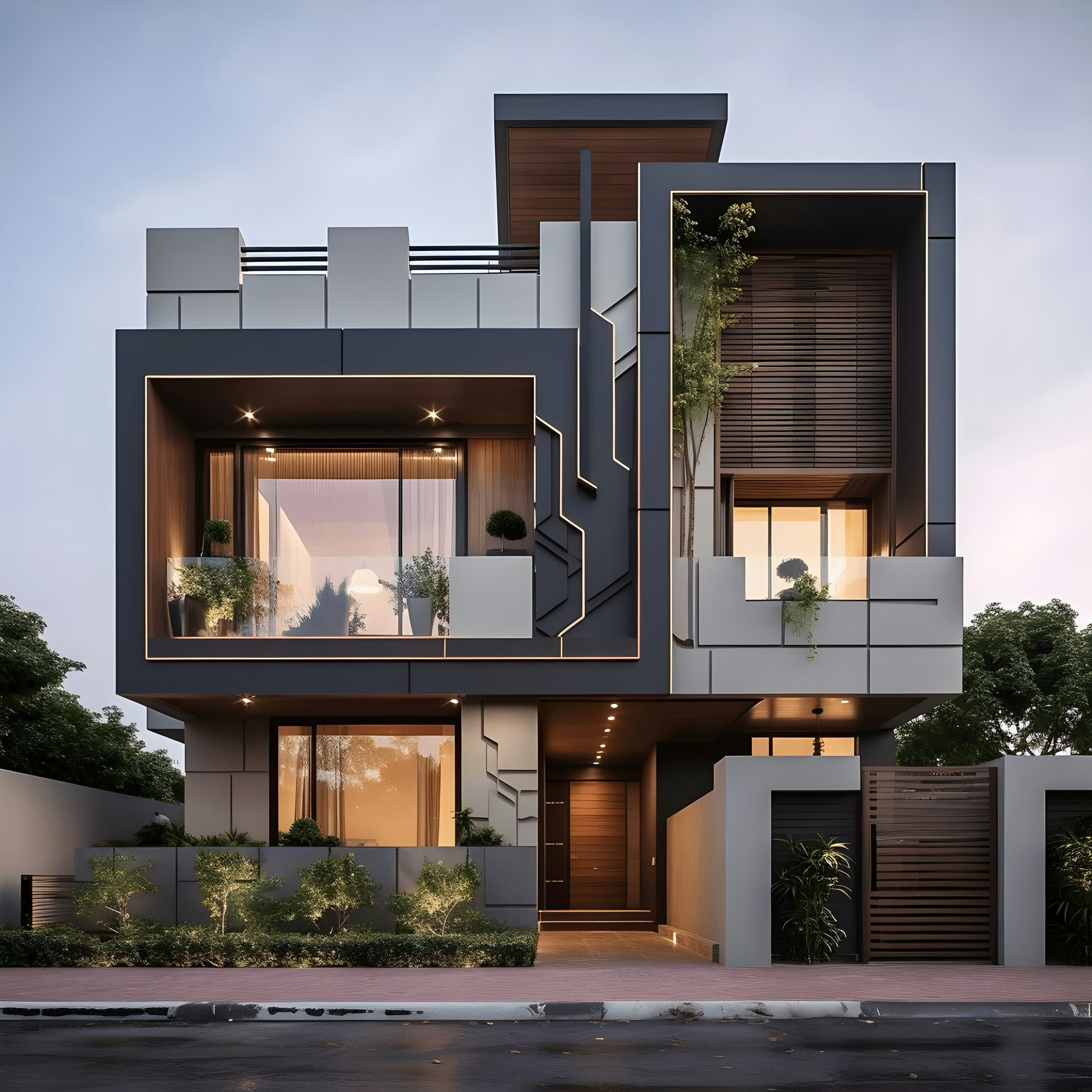 Modern two-storey home exterior at dusk