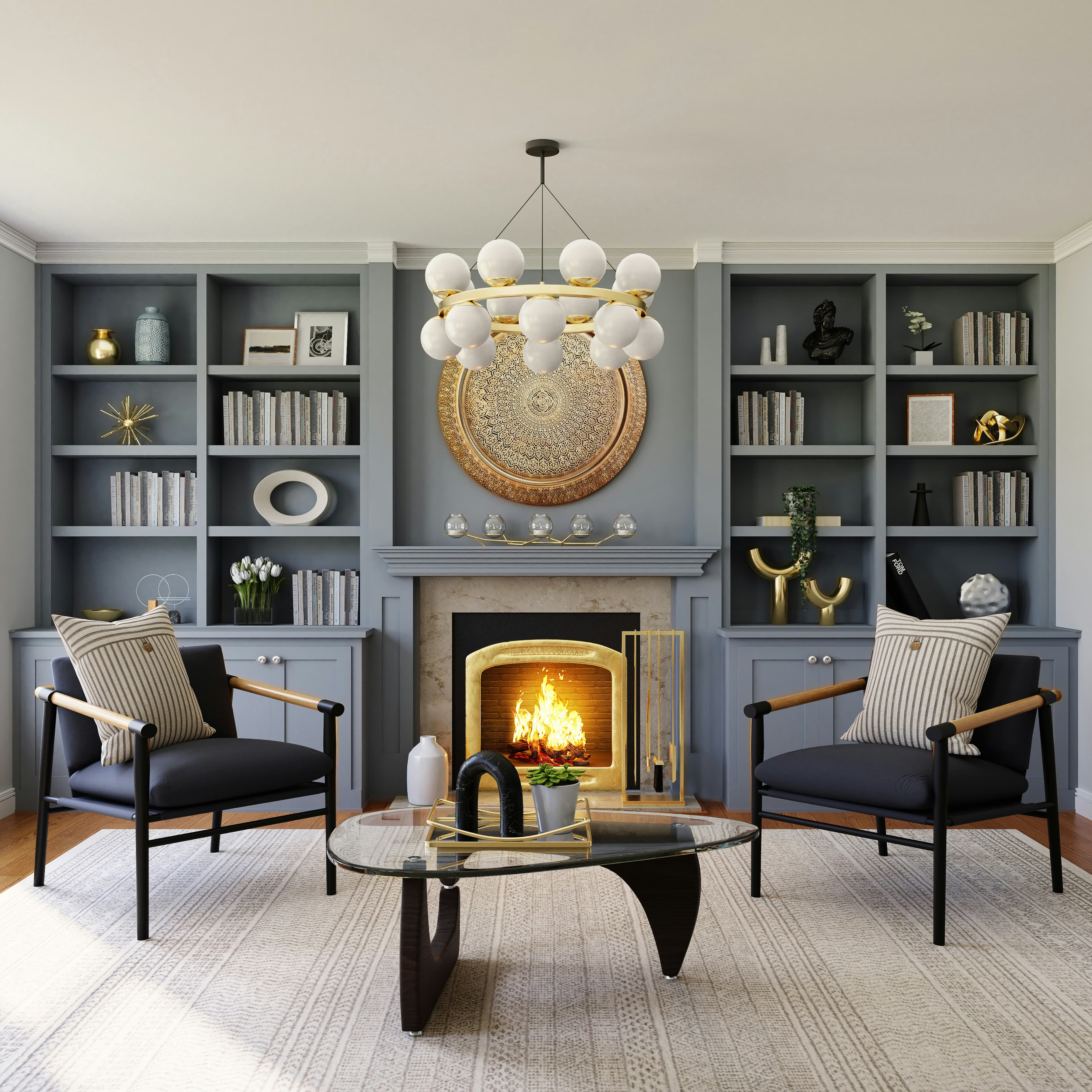 Staged living room with built-in shelving and fireplace