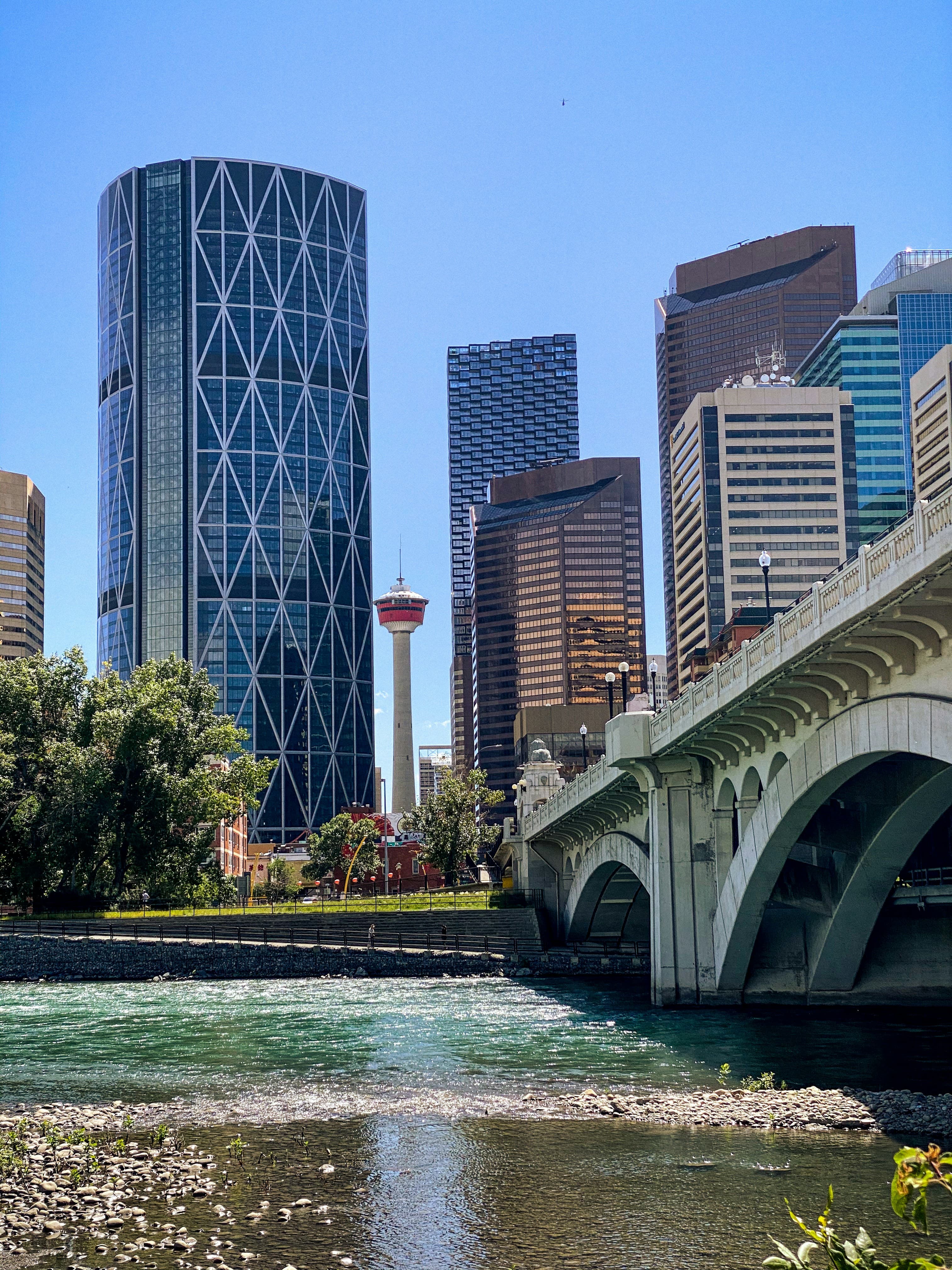 Calgary's Peace Bridge with downtown behind